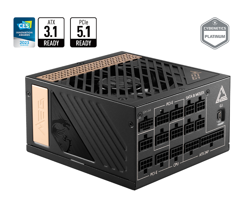 Fonte 1300W MSI MEG AI1300P PCIE5, 80 Plus Platinum, PFC Ativo, ATX 3.1, PCIE 5.1, Full Modular, Preto