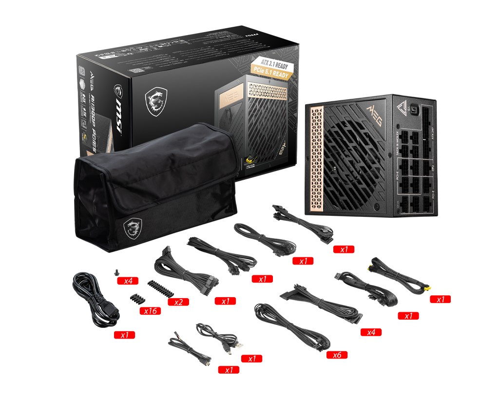 Fonte 1300W MSI MEG AI1300P PCIE5, 80 Plus Platinum, PFC Ativo, ATX 3.1, PCIE 5.1, Full Modular, Preto - Imagem 5