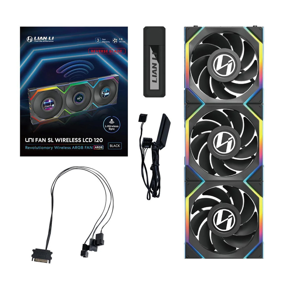 Kit 3x Cooler Fan Lian Li Uni Fan SL Display LCD Wireless Reverse Blade Preto 120mm PWM ARGB - 12RSLLCD1W3B