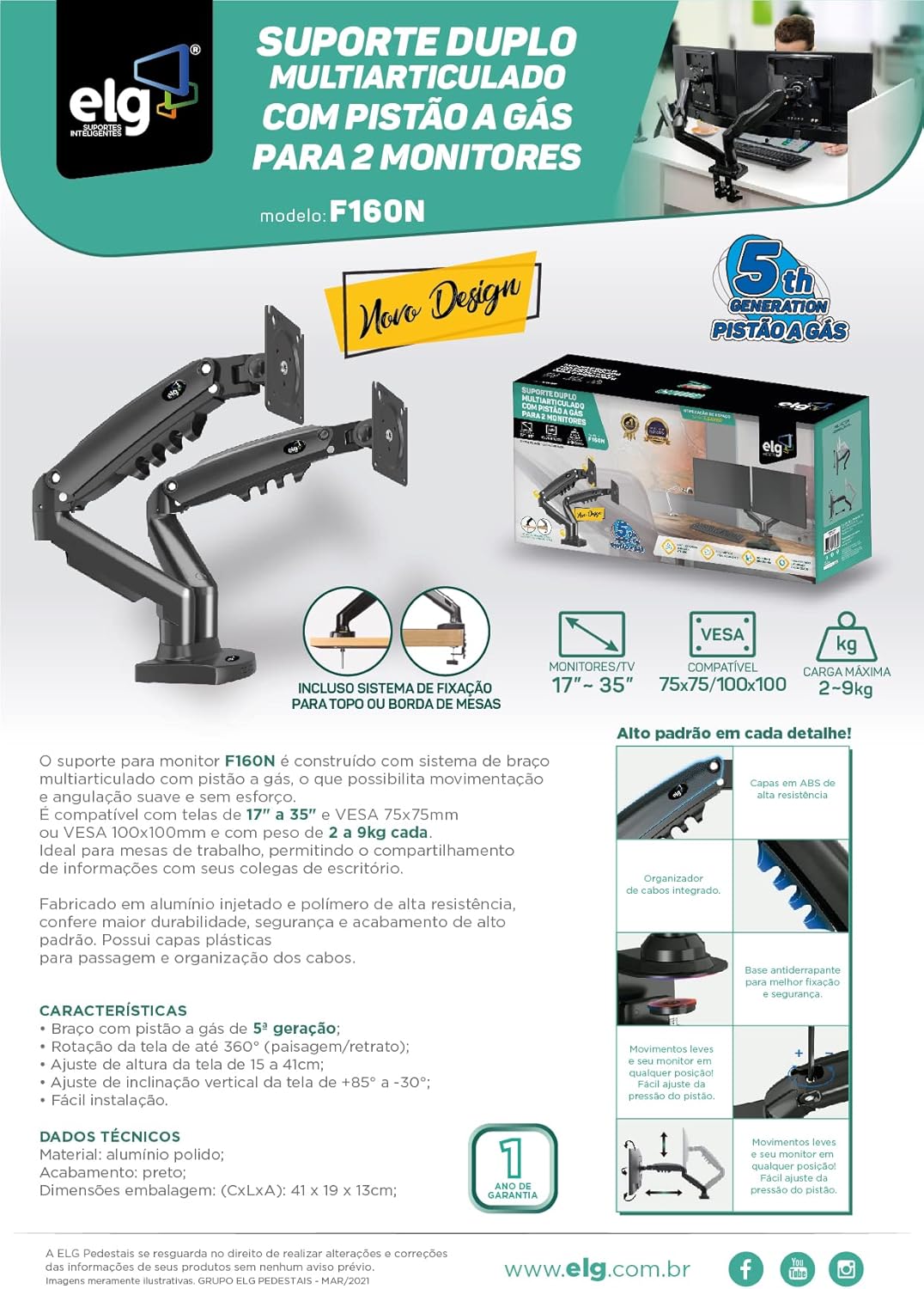 Suporte de Mesa Articulado para 2 Monitores de 17" a 35", ELG, Ajuste de altura com Pistão a Gás - F160N - Imagem 6