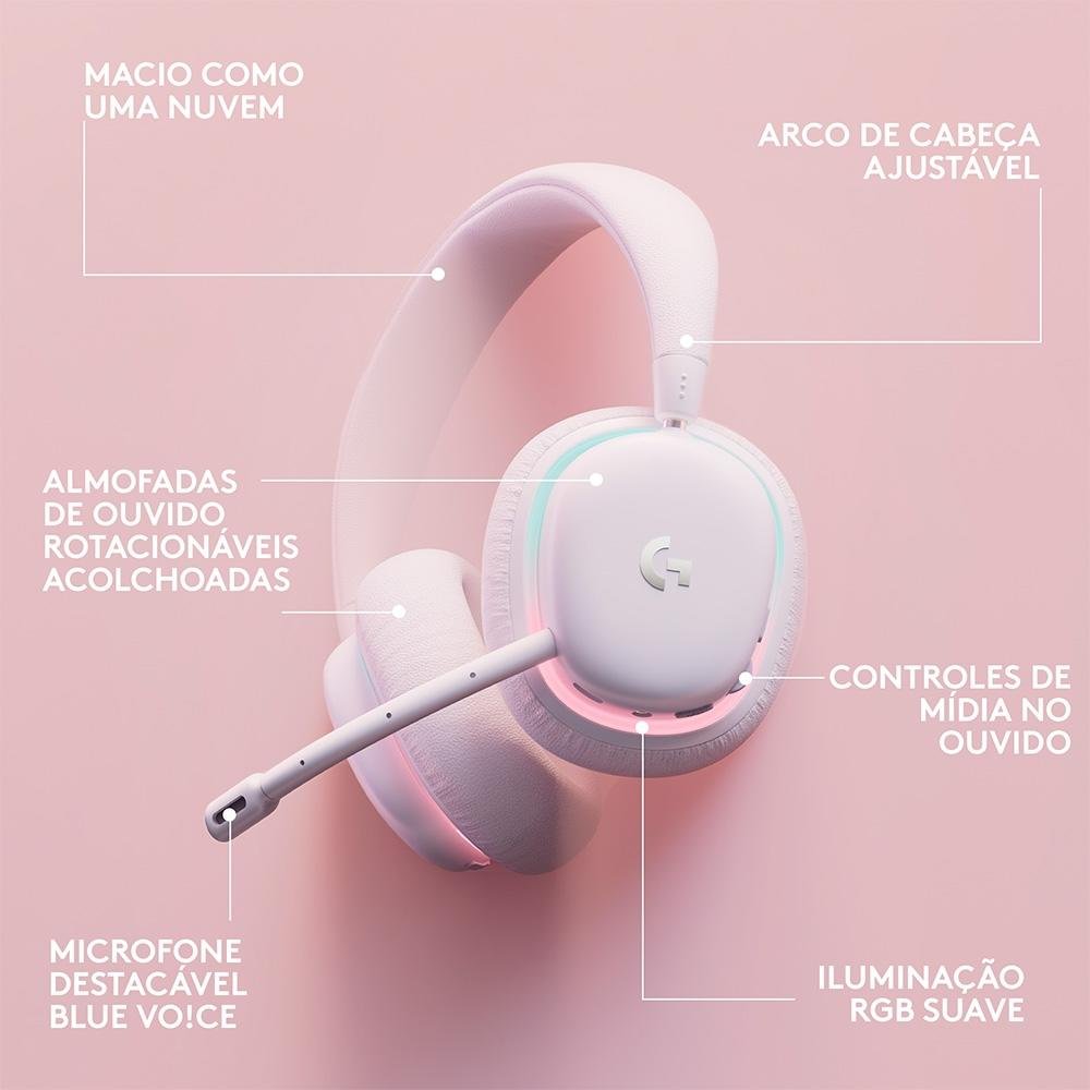 Headset Gamer Sem Fio Logitech G735 Aurora, RGB, Drivers 40mm, Bluetooth, USB, para PC e Mac, Branco - 981-001082 - Imagem 7