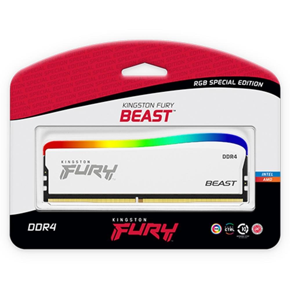 Memória Kingston Fury Beast Edição Especial, RGB, 16GB, 3200MHz, DDR4, CL16, Branco, White - KF432C16BWA/16