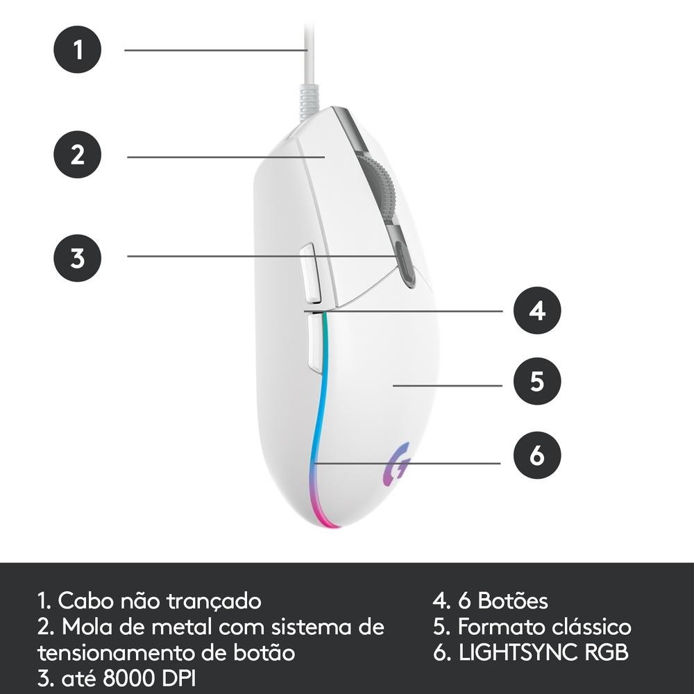 Mouse Gamer Logitech G203 RGB Lightsync, 6 Botões, 8000 DPI, Branco - 910-005794 - Imagem 7