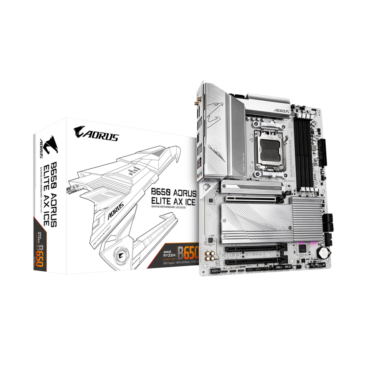 Placa Mãe Branca B650 AORUS ELITE AX ICE, WIFI e Bluetooth, AMD AM5, ATX, DDR5