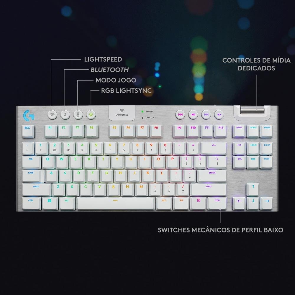 Teclado Mecânico Gamer Sem Fio Logitech G915 TKL RGB Bluetooth, Ultrafino, Switch GL Tactile Marron, Branco - 920-009660 - Imagem 8
