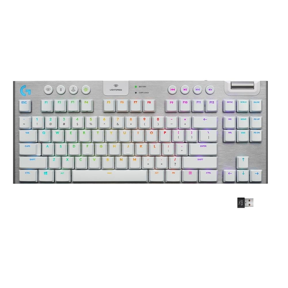 Teclado Mecânico Gamer Sem Fio Logitech G915 TKL RGB Bluetooth, Ultrafino, Switch GL Tactile Marron, Branco - 920-009660