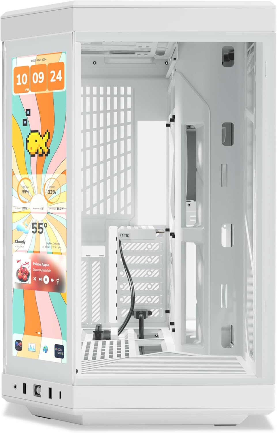Gabinete Hyte Y70 Branco Tela LCD 2.5K 14.9 Pol Touch Infinite Integrada, EATX, Kit GPU Vertical incluído - Imagem 2