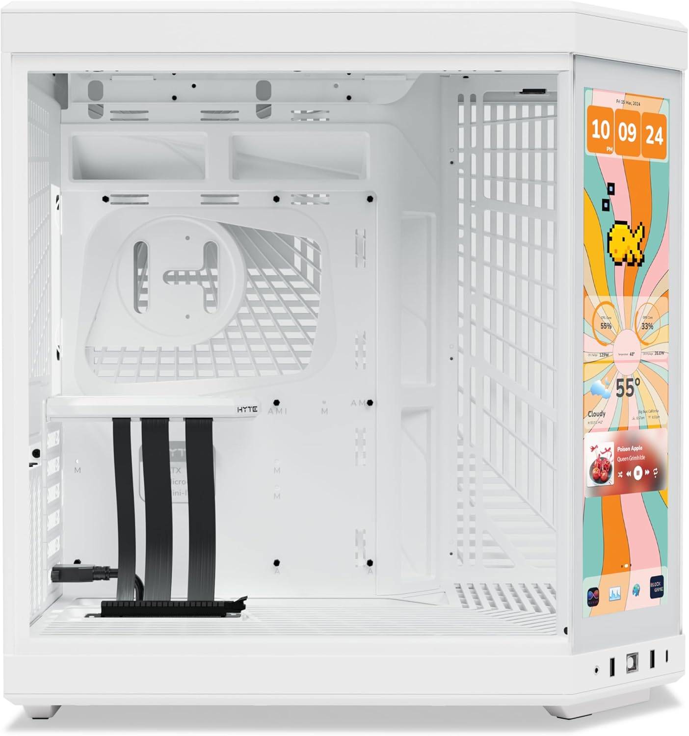 Gabinete Hyte Y70 Branco Tela LCD 2.5K 14.9 Pol Touch Infinite Integrada, EATX, Kit GPU Vertical incluído - Imagem 3