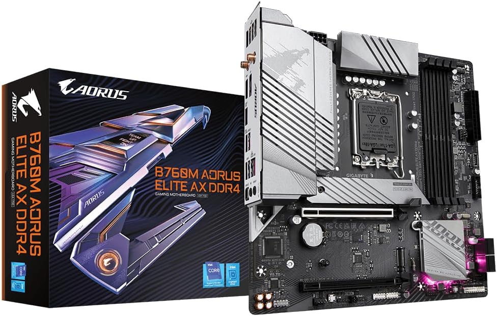 Placa Mae B760M Aorus Elite AX, WiFi e Bluetooth, LGA 1700, M-ATX, 4x slots DDR4, 2x slots NVME