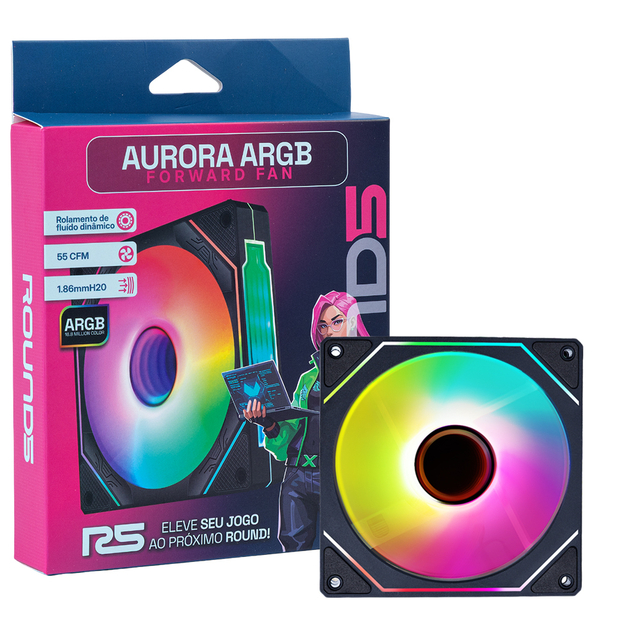 Cooler Fan Gamer Round5 Aurora Infinity Argb Preto 120mm Pwm - R5-AURORA-FW-B-2192