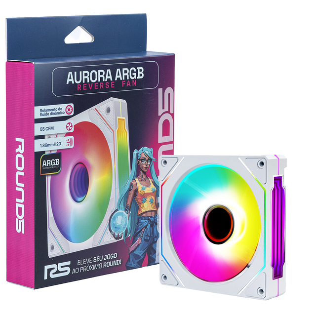 Cooler Fan Gamer Round5 Aurora Infinity Reverse Argb Branco 120mm Pwm - R5-AURORA-RV-W-2194