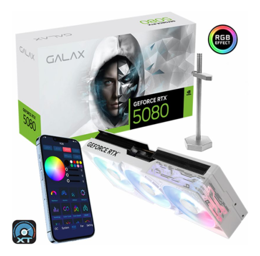 Placa de Video RTX 5080 16GB Galax Branca Nvidia GeForce 1-Click OC ARGB, GDDR7, Tri Fan, DLSS 4, Ray Tracing