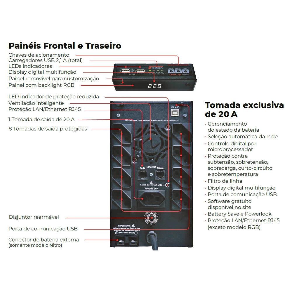 Nobreak Ragtech Gamer ONE UP 2000VA NITRO TI Senoidal True Full Range S/115V Painel RGB USB/RJ45 Bat 2x9Ah - Imagem 3