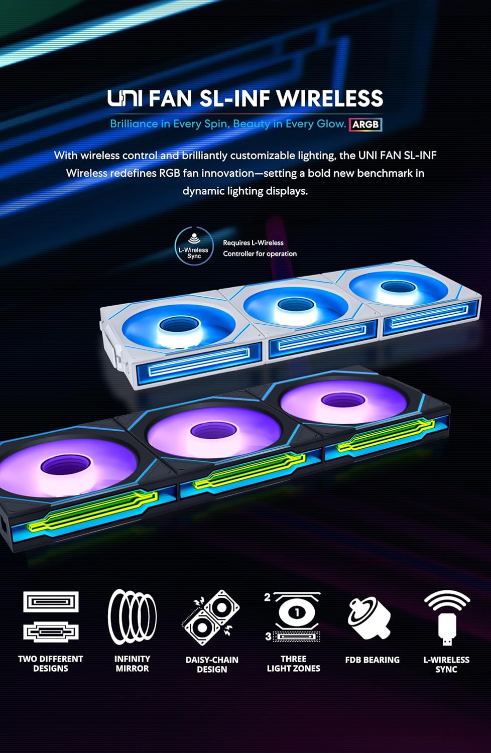 Kit 3x Cooler Fan Lian Li Uni Fan SL Infinity Wireless Blade Branco 120mm PWM ARGB, Com Controladora 12SLIN1W3W - Imagem 5