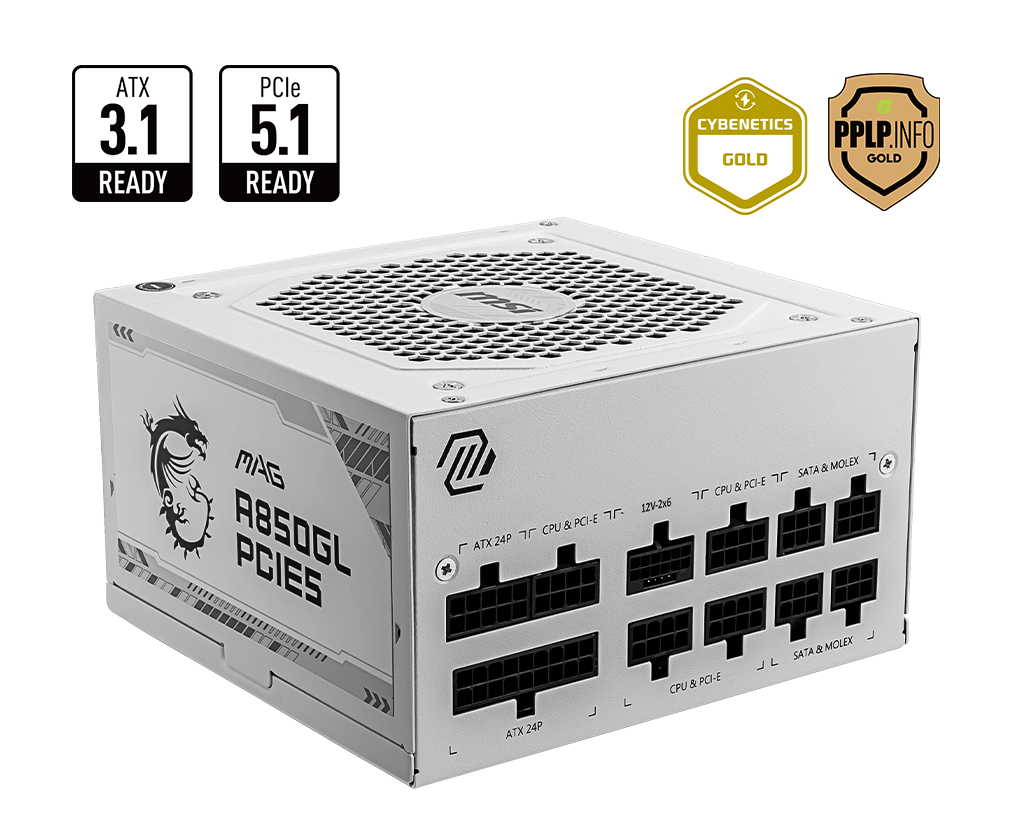 Fonte 850W Branca MSI MAG A850GL, 80 Plus Gold, Modular, PFC Ativo, ATX 3.1, PCIE 5.1
