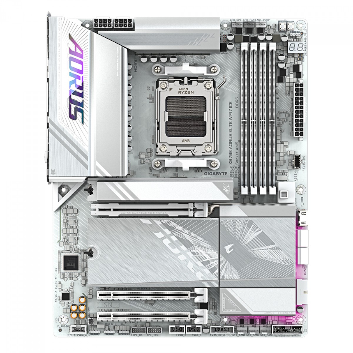 Placa Mãe Branca X870E Gigabyte AORUS ELITE ICE WIFI7 e Bluetooth, AMD AM5, ATX, DDR5, PCI 5.0
