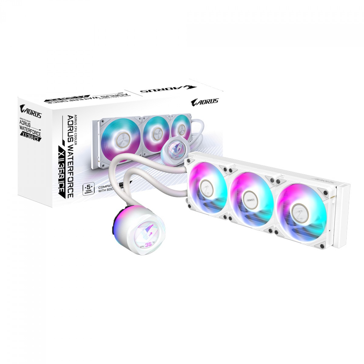 Water Cooler Branco Aorus 360 ICE, ARGB, 360mm, AMD/Intel, com Display LCD, WATERFORCE X II 360