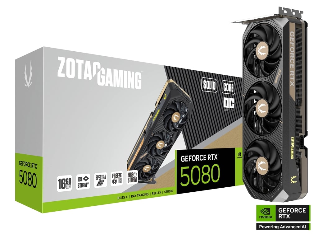 Placa de Vídeo RTX 5080 OC 16GB GeForce Zotac, Solid Core OC, 16GB GDDR7, ZT-B50800J2-10P