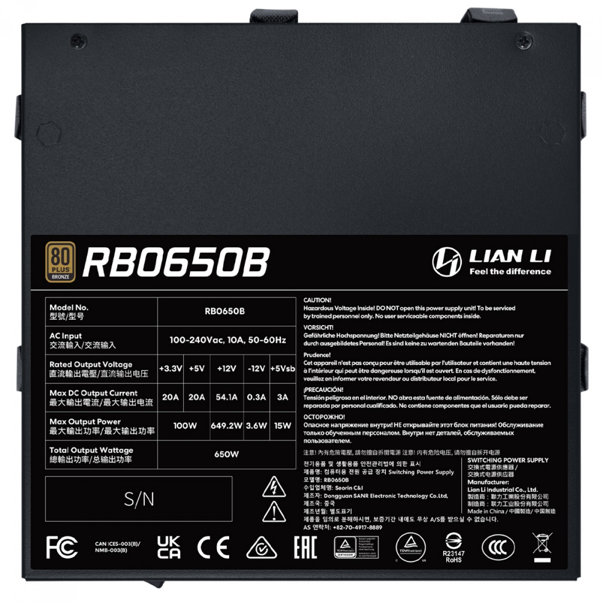 Fonte Lian Li RB650B, 650W, PFC Ativo, 80 Plus Bronze, ATX 3.1, Cabos Integrados, Preto - Imagem 6