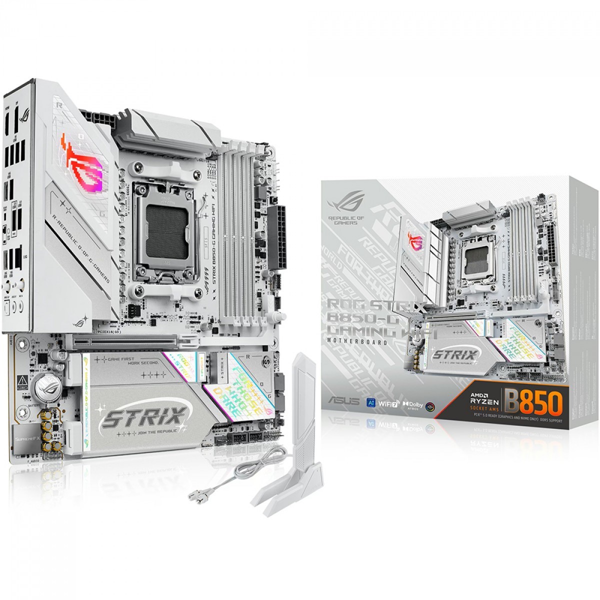 Placa Mãe Branca Asus Rog Strix B850-G GAMING WIFI e Bluetooth, AMD AM5, mATX, DDR5, 90MB1M30-M0EAY0