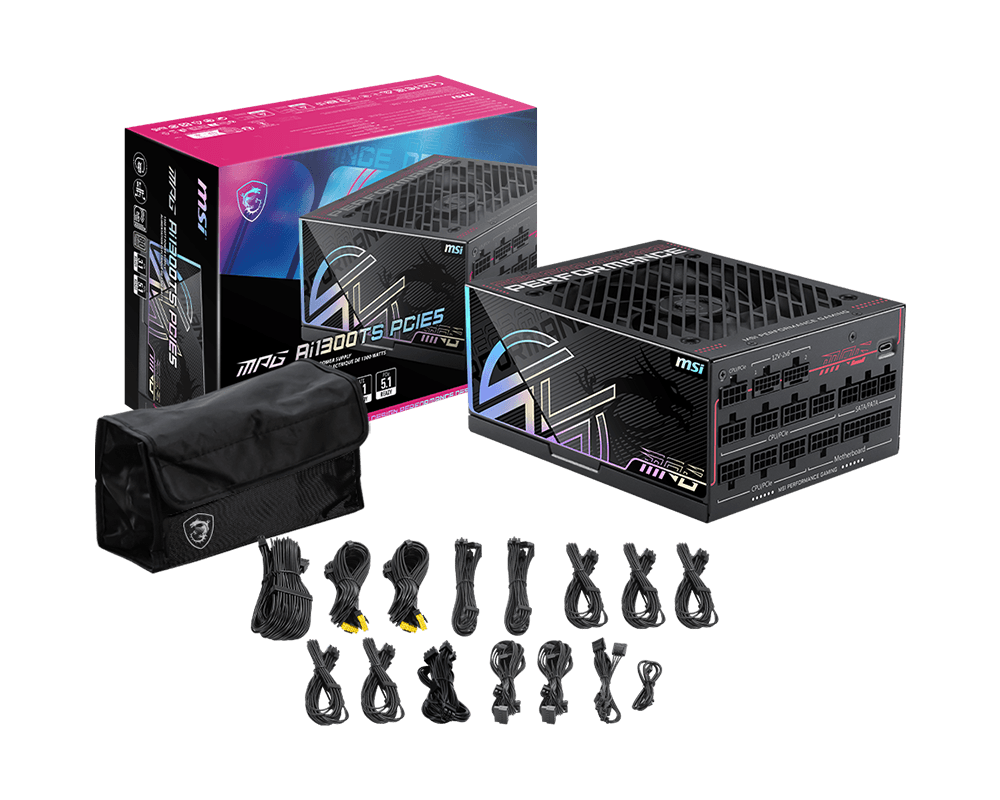 Fonte 1300W MSI PRO Ai1300TS PCIE5 80 Plus Platinum, Full Modular com Cabos Sleeved, ATX 3.1 PCIe 5.1 Ready